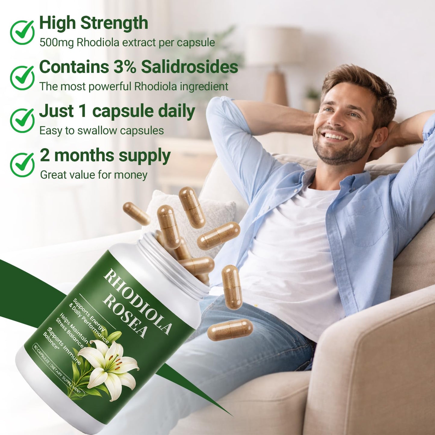 FIYY6VC Rhodiola Rosea Supplement Capsules, 90 Count