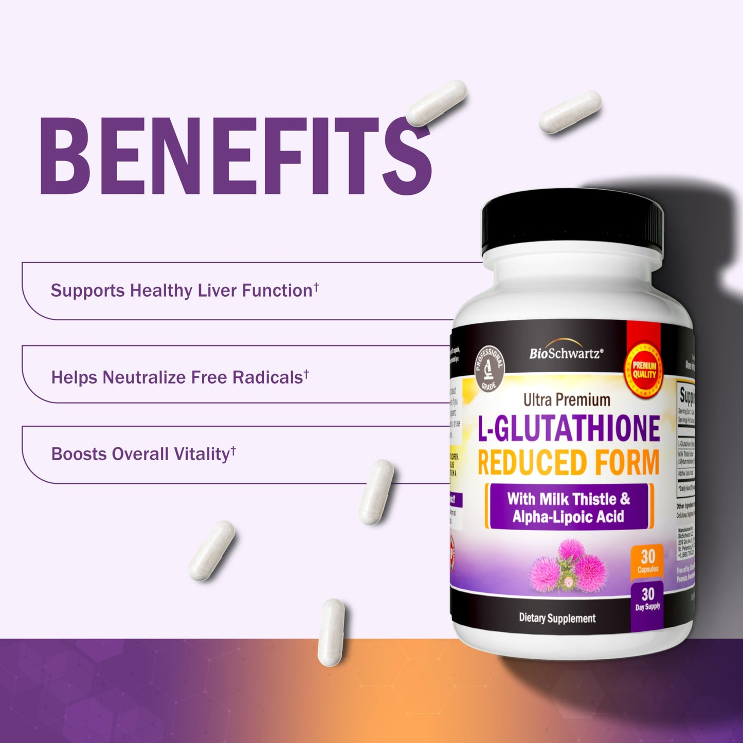 BioSchwartz Reduced Glutathione Supplement 500mg with Alpha Lipoic Acid 50mg & Milk Thistle 100mg - Glutathione Reduced Form - Gluten-Free, 30 Capsules