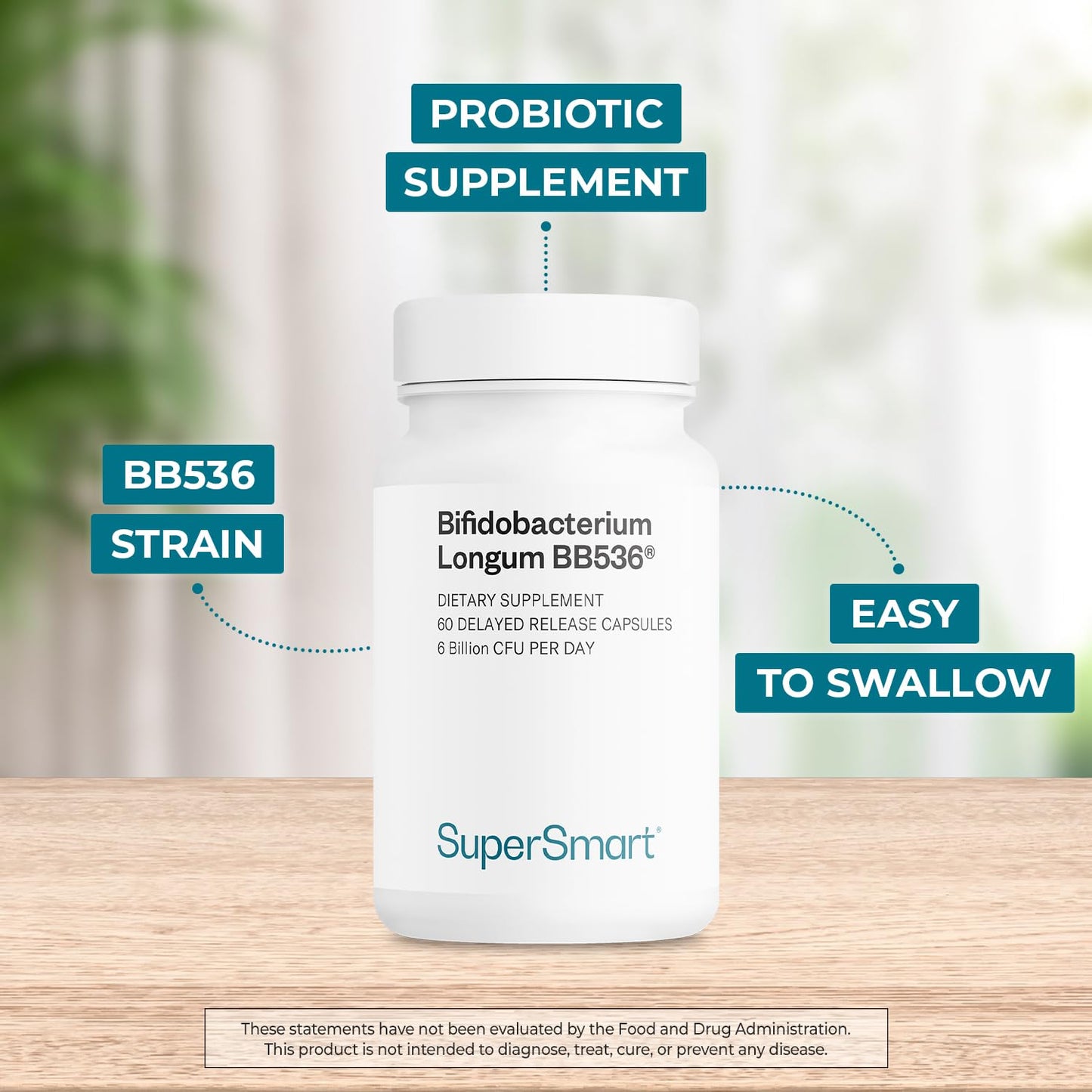 Supersmart Bifidobacterium Longum (BB536) 6 Billion CFU per Day - Probiotics & Prebiotics Supplement Capsules, 60 Count