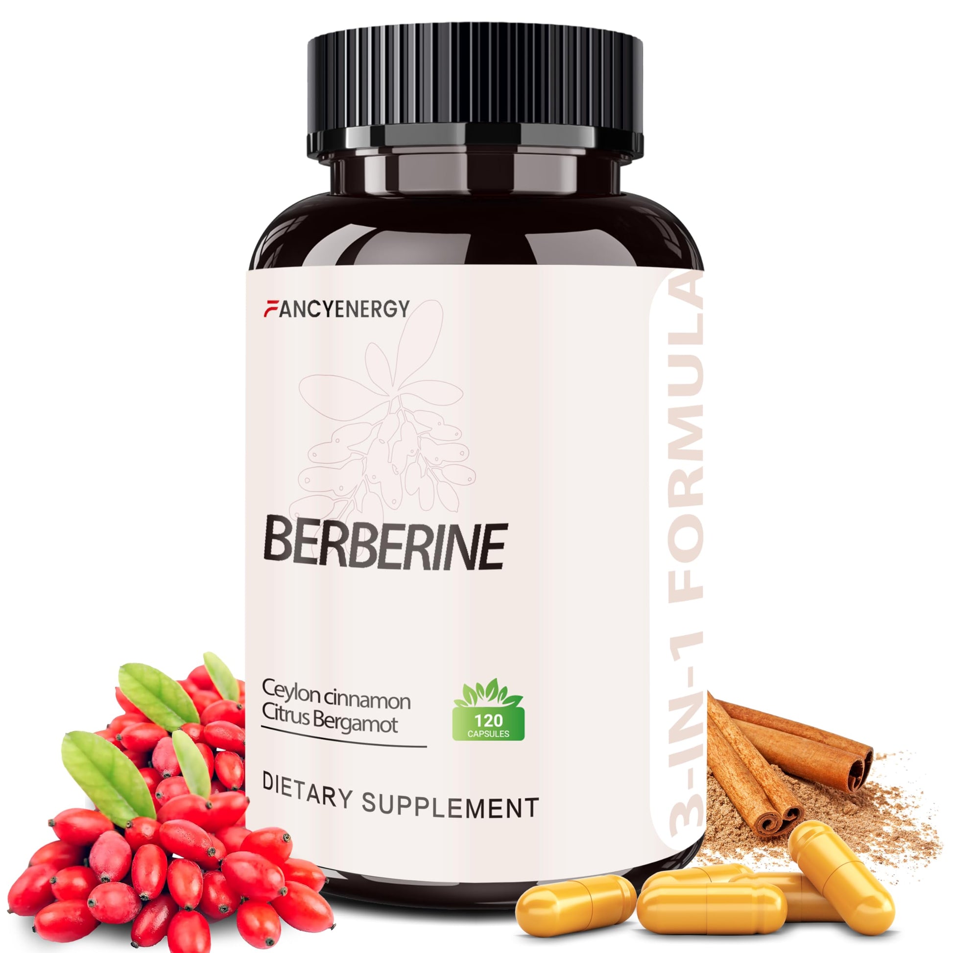 FANCYENERGY Berberine HCl Supplement with Ceylon Cinnamon & Citrus Bergamot 120 Capsules