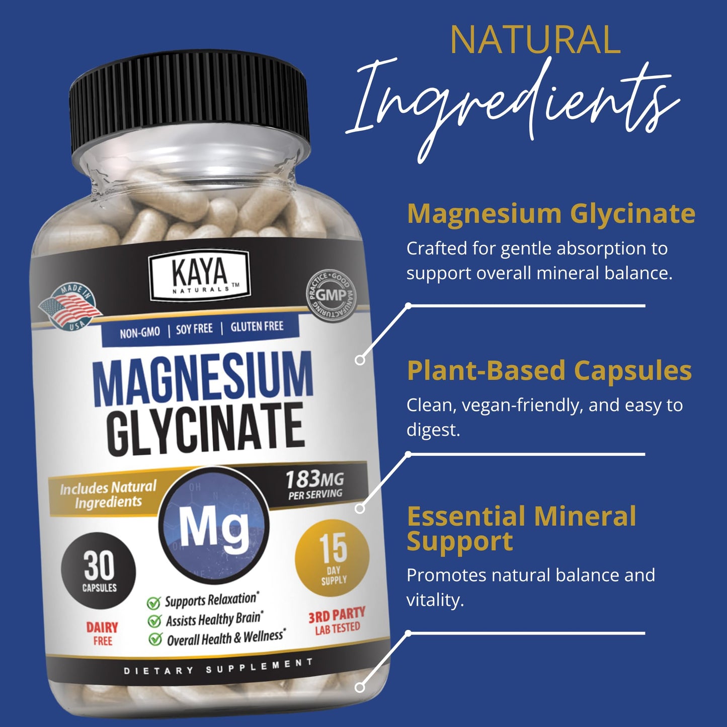 Kaya Naturals Magnesium Glycinate 183mg per Capsule, Chelated for Maximum Absorption, 30 Count