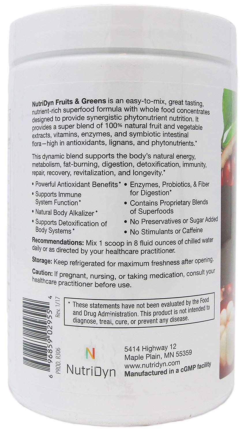 Nutri-Dyn Fruits & Greens Strawberry/Kiwi Flavor Certified Organic with Acai, Gogi, Mangosteen, Noni & Pomegranate Super Fruits Powder, 10.67 oz