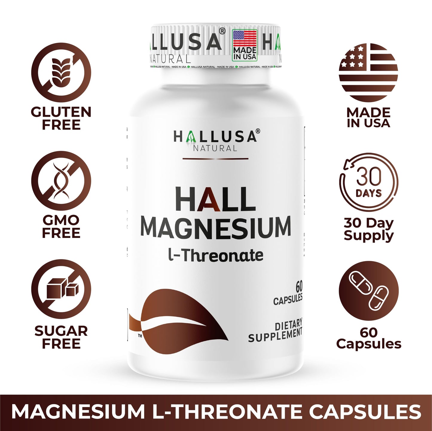Hallusa Natural Magnesium L-Threonate Supplement Capsules, 60 Capsules
