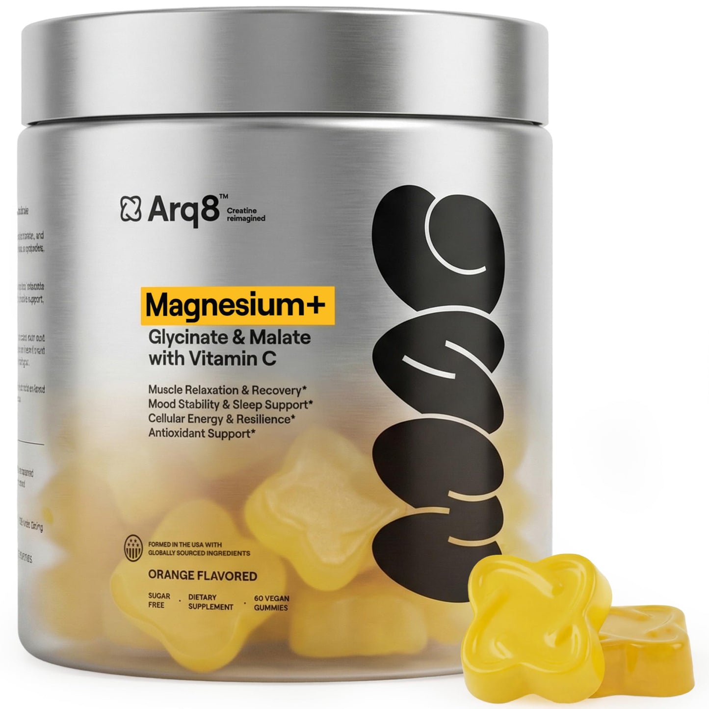 ARQ8 LONGEVITY Magnesium Gummies 200 mg per Serving, Magnesium Glycinate & Malate with Vitamin C, Sugar-Free, Vegan, for Men & Women, 60 Gummies