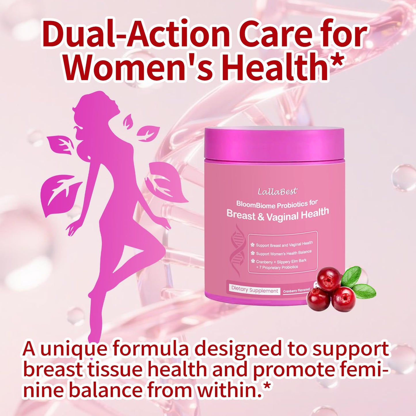 LallaBest Vagina & Breast Probiotic Gummies for Women with Slippery Elm & Cranberry Extract, Supports Women’s Wellness & pH Balance, Clean, 60 Gummies