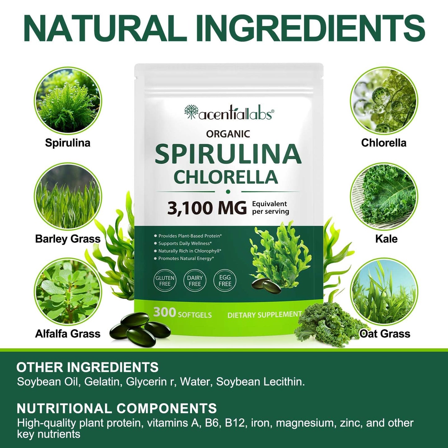 ZUZOKKAHA Spirulina & Chlorella Supergreens Capsules, 300 Capsules