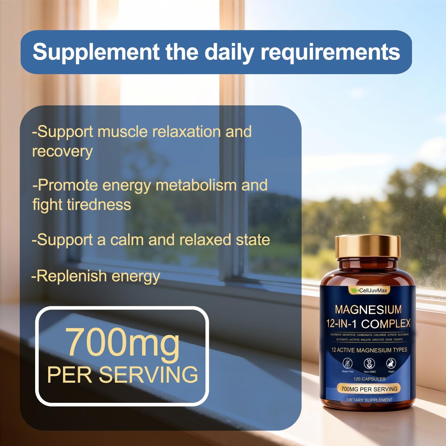 WOJJ Magnesium 12-in-1 Complex 700mg, with Glycinate & Citrate, Vegan Supplement for Daily Wellness, Capsule, 120 Count