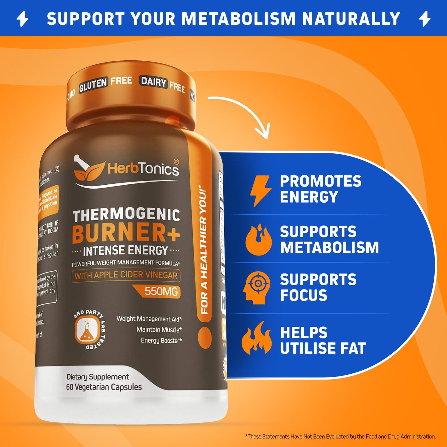 Herbtonics Thermogenic Burner + Apple Cider Vinegar Weight Management Supplement for Women & Men, Supports Appetite Management, Metabolism & Energy, 60 Capsules