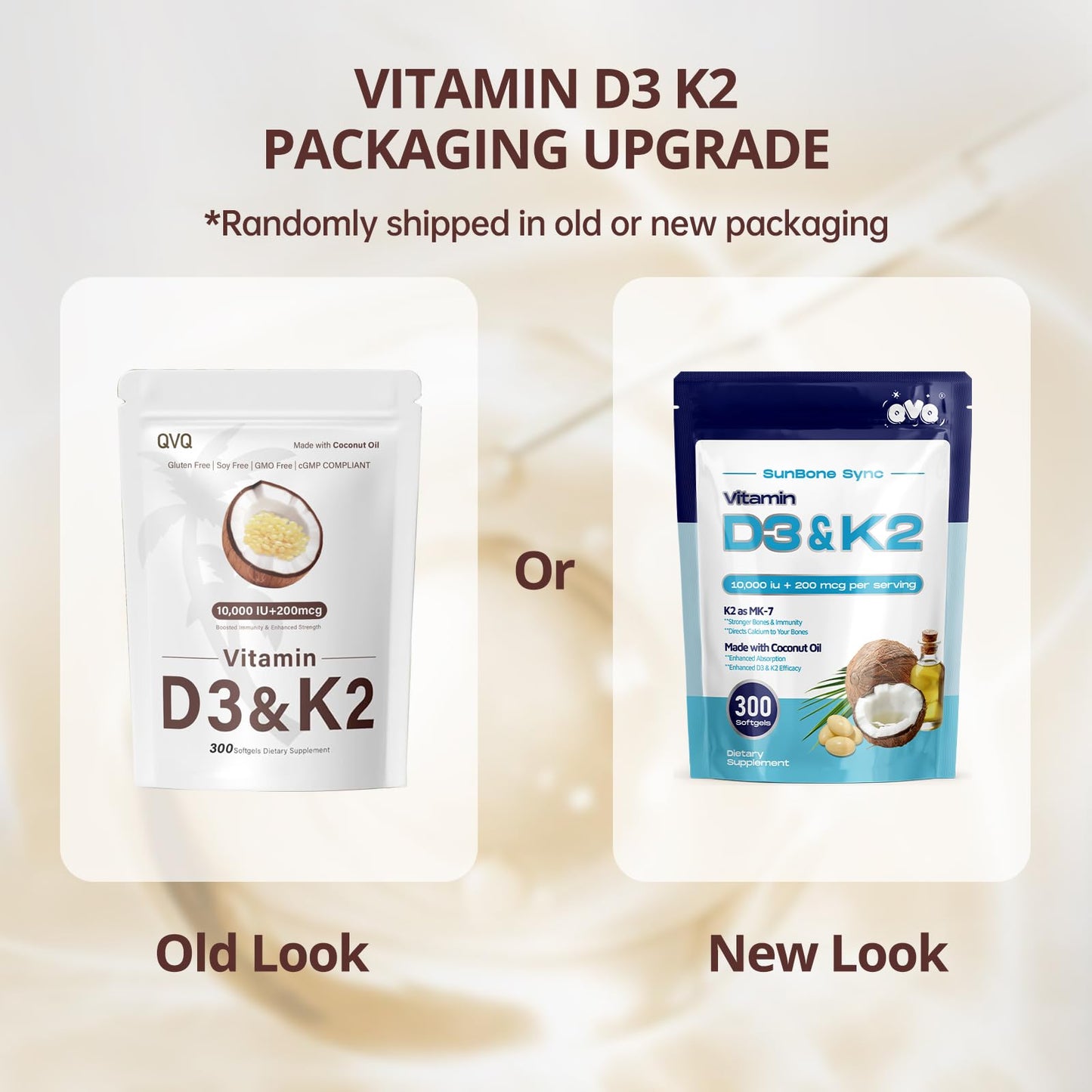 QVQ Vitamin D3 10000 IU + K2 (MK-7) 200 mcg Virgin Coconut Oil Softgels, 300 Count