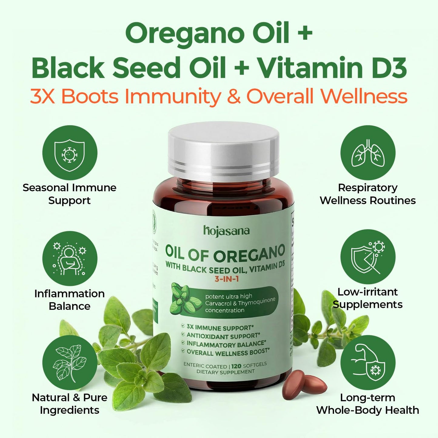 HojaSana Oregano Oil with Black Seed Oil Vitamin D3 3-in-1 Enteric Coated Softgels, 120 Count