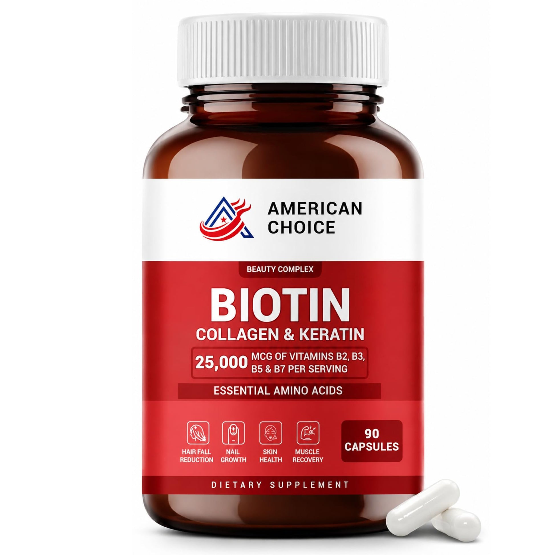 American Choice Biotin For Hair Growth Women & Men | Hair Skin and Nails Vitamins B2, B3, B5 and B7 - 25000 Mcg Capsules, 90 Count