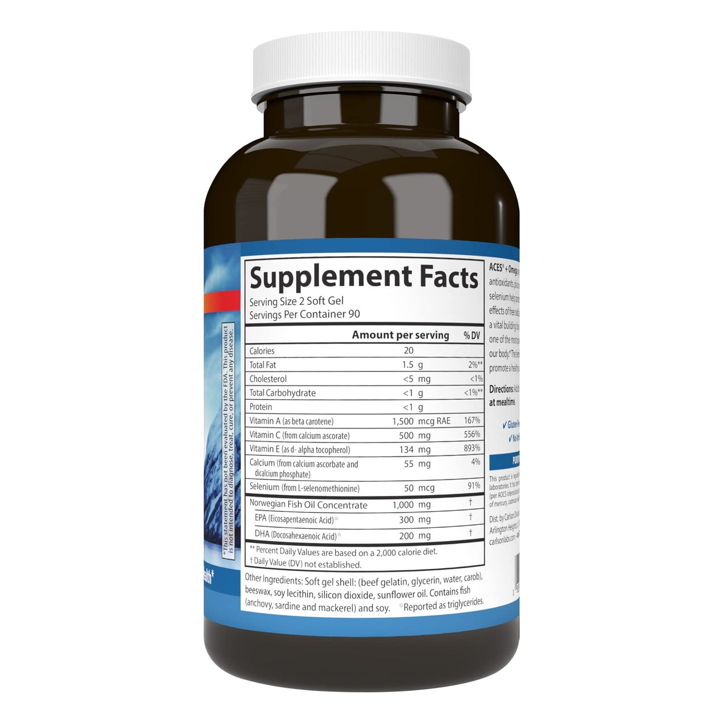 Carlson ACES + Omega, Vitamins A, C, E & Selenium + Omega-3s EPA and DHA Softgels 180