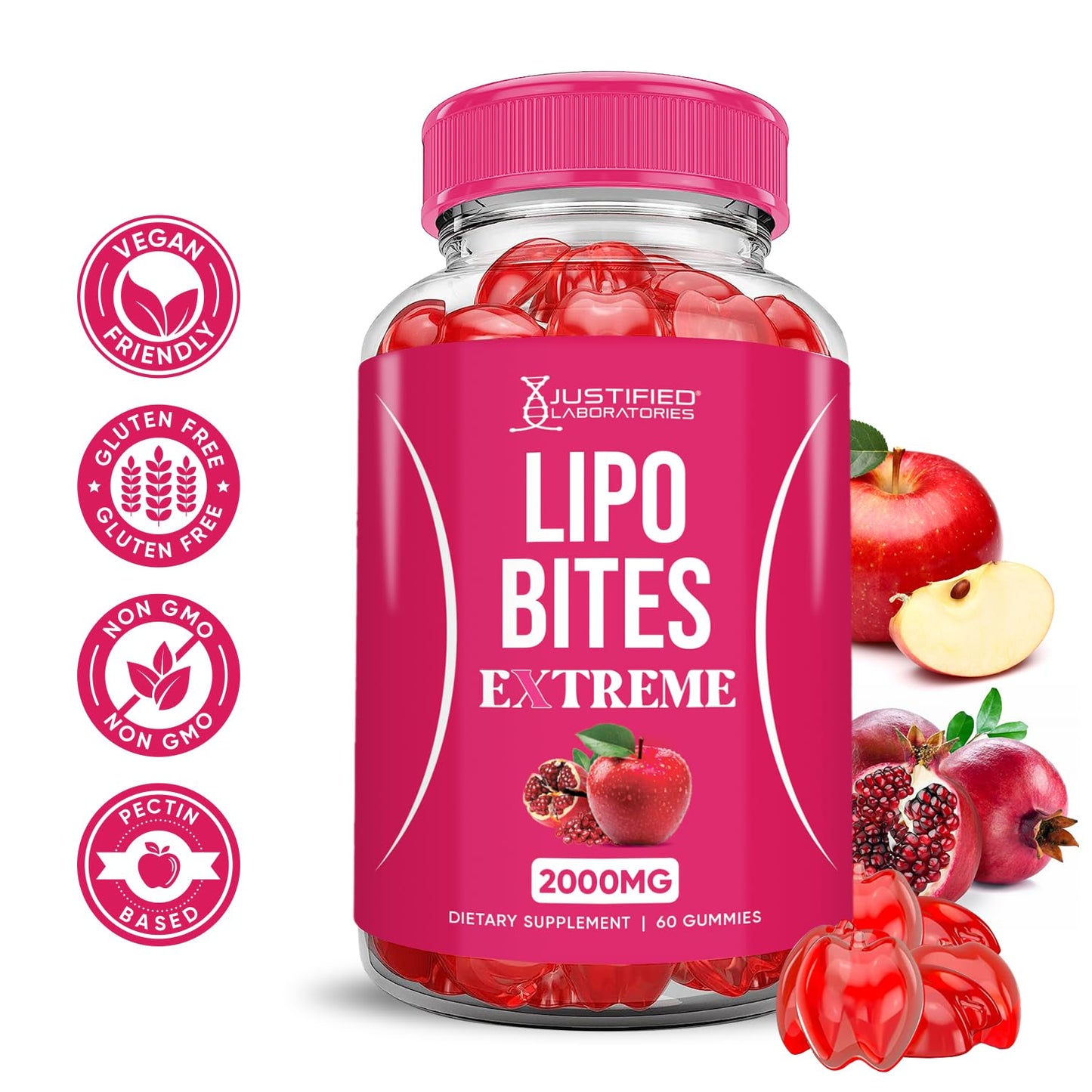 Justified Laboratories Lipo Bites ACV Gummies Extreme 2000MG Formula, Apple Cider Vinegar Chewies with Pomegranate Beet Juice Powder, B12, Vegan, Non-GMO, 60 Gummies