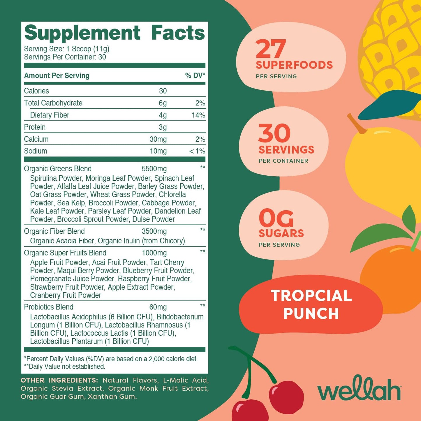 Wellah Leaf, Laugh, Love Super Greens Powder (Tropical Punch) 12.2 Ounce