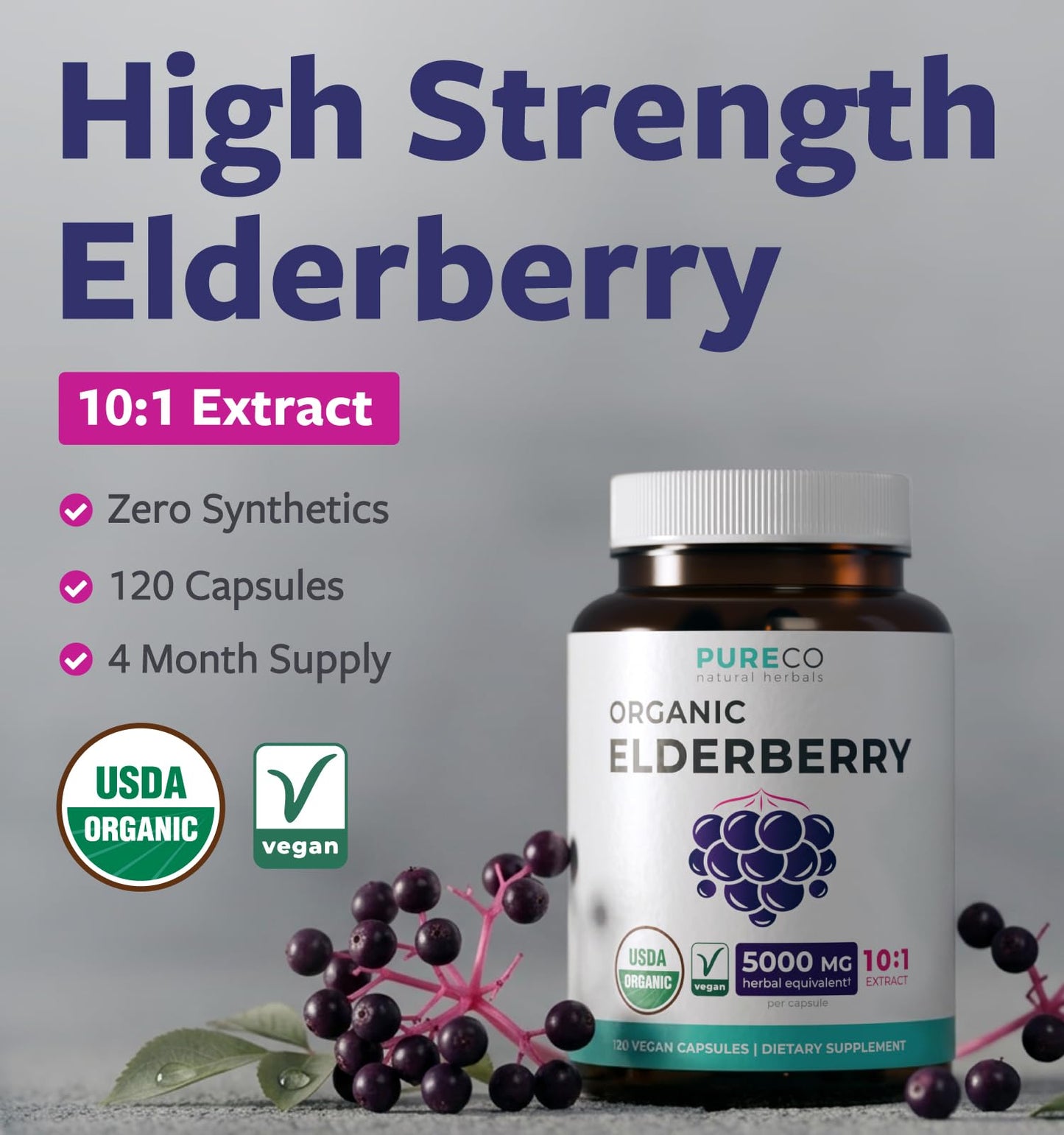 PURE CO Organic Elderberry Capsules, 120 Capsules