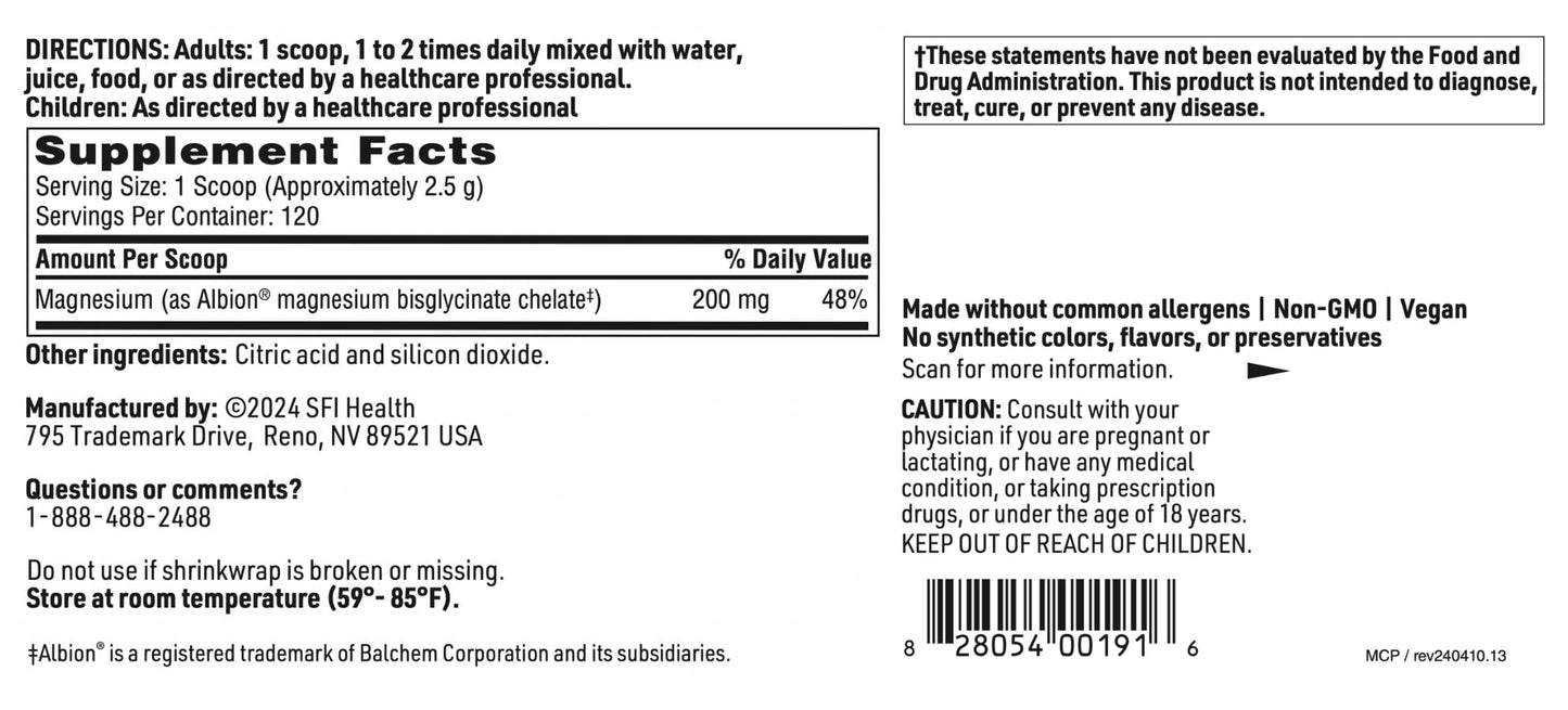 SFI Health Magnesium Chelate Powder - 200 mg, TRAACS Bisglycinate, 10.58 oz