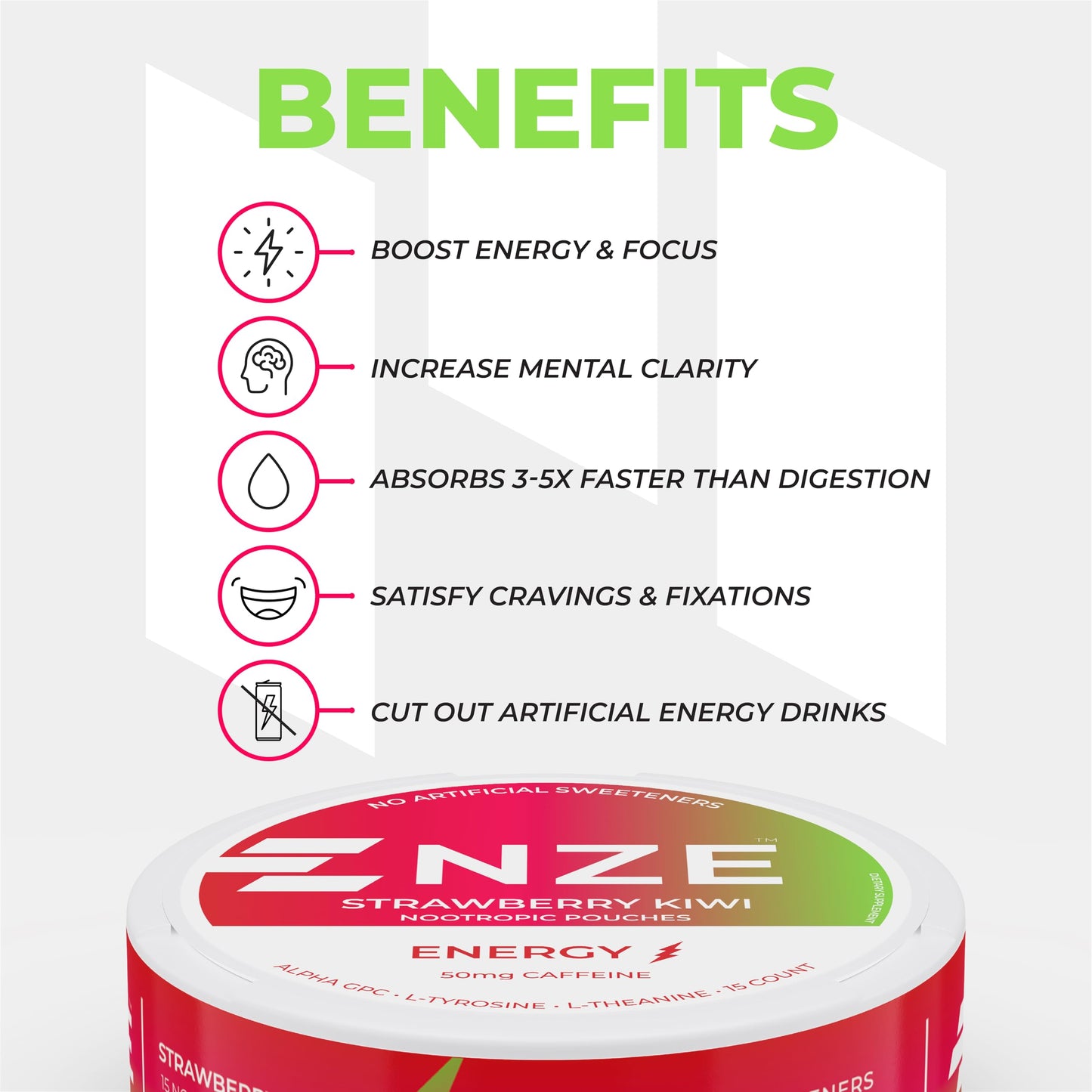 NZE Caffeine Nootropic Pouches (Strawberry Kiwi) Caplet, 5 Count