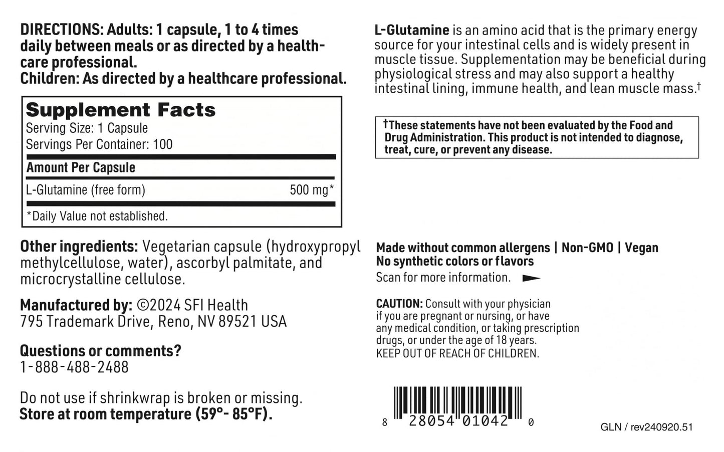 SFI Health L-Glutamine Capsules 100 Count