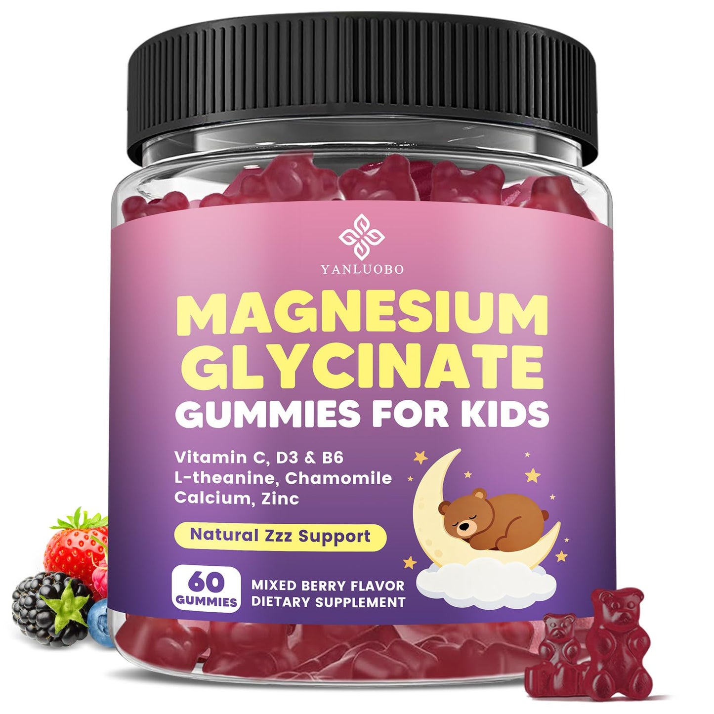 YANLUOBO Kids Magnesium Glycinate Gummies, 60 Count