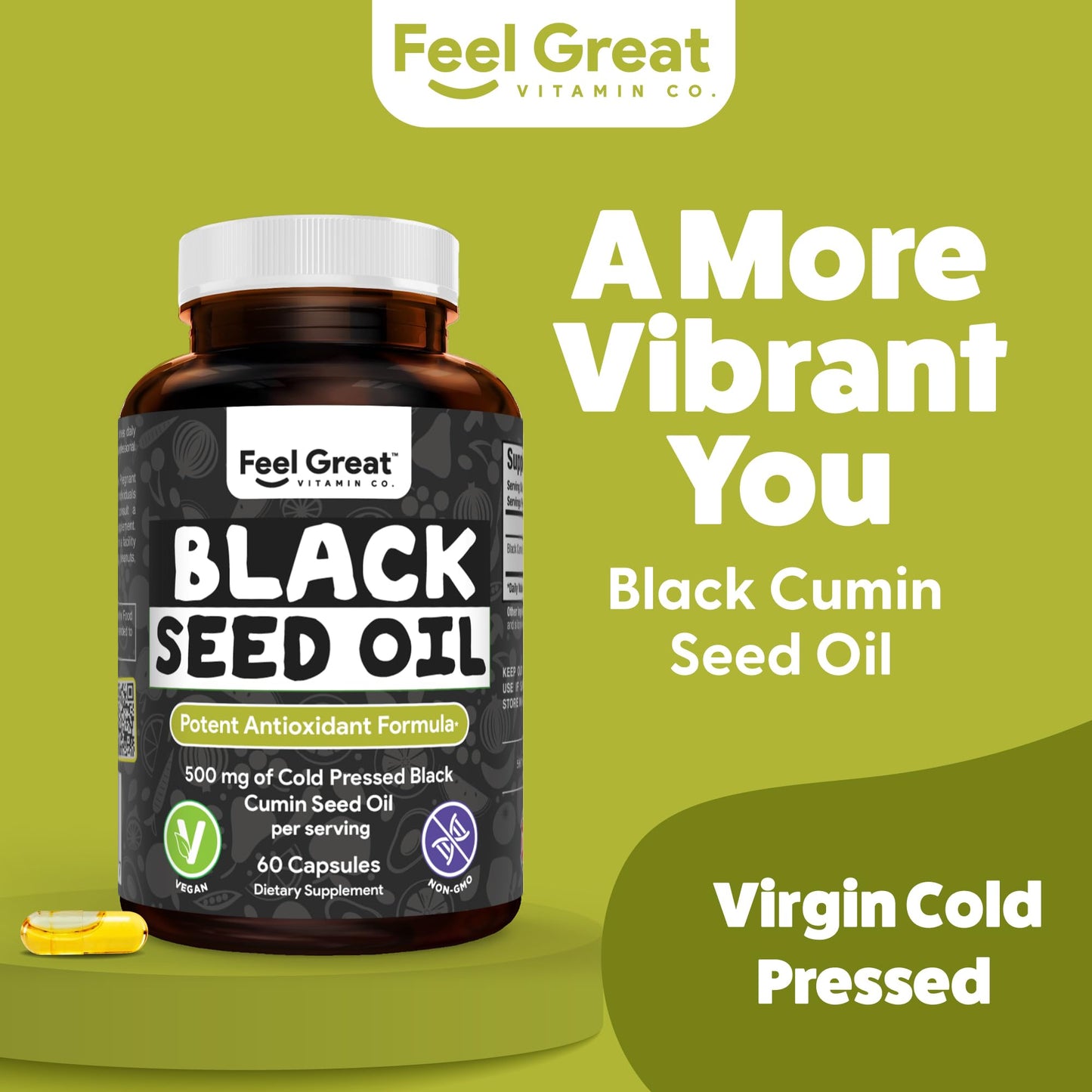 The Feel Great Vitamin Company Black Seed Oil Capsules – Cold-Pressed Nigella Sativa with Vitamin E – 500mg, 60 Count