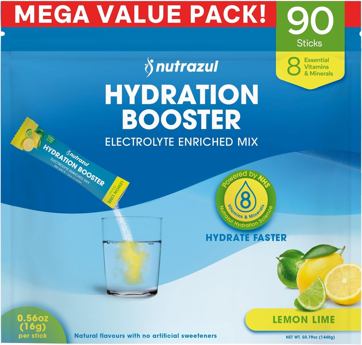 Nutrazul Hydration Booster Electrolytes Powder Sticks, Lemon Lime Flavor, 90 Sticks