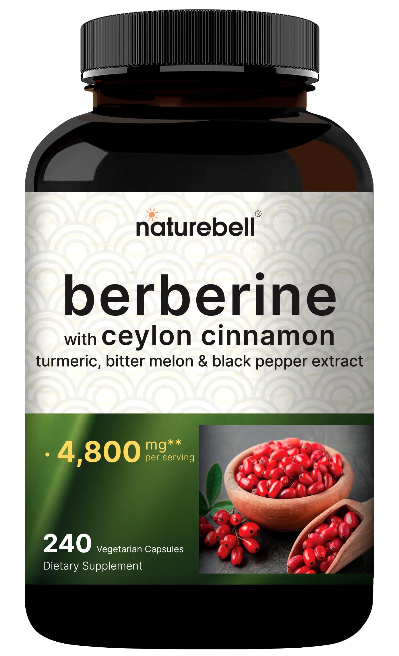 NatureBell Berberine with Ceylon Cinnamon Complex 4,800 mg Per Serving Capsules, 240