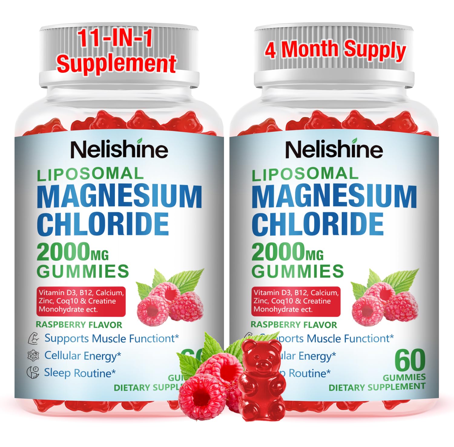 Nelishine Liposomal Magnesium Chioride Gummies 2000mg with Calcium, Vitamin D3, B12, Zinc, L-Theanine, CoQ10, Proprietary Blend for Stress Relief, Heart & Muscle, Immune, Energy & Relaxation Support, 120 Gummies