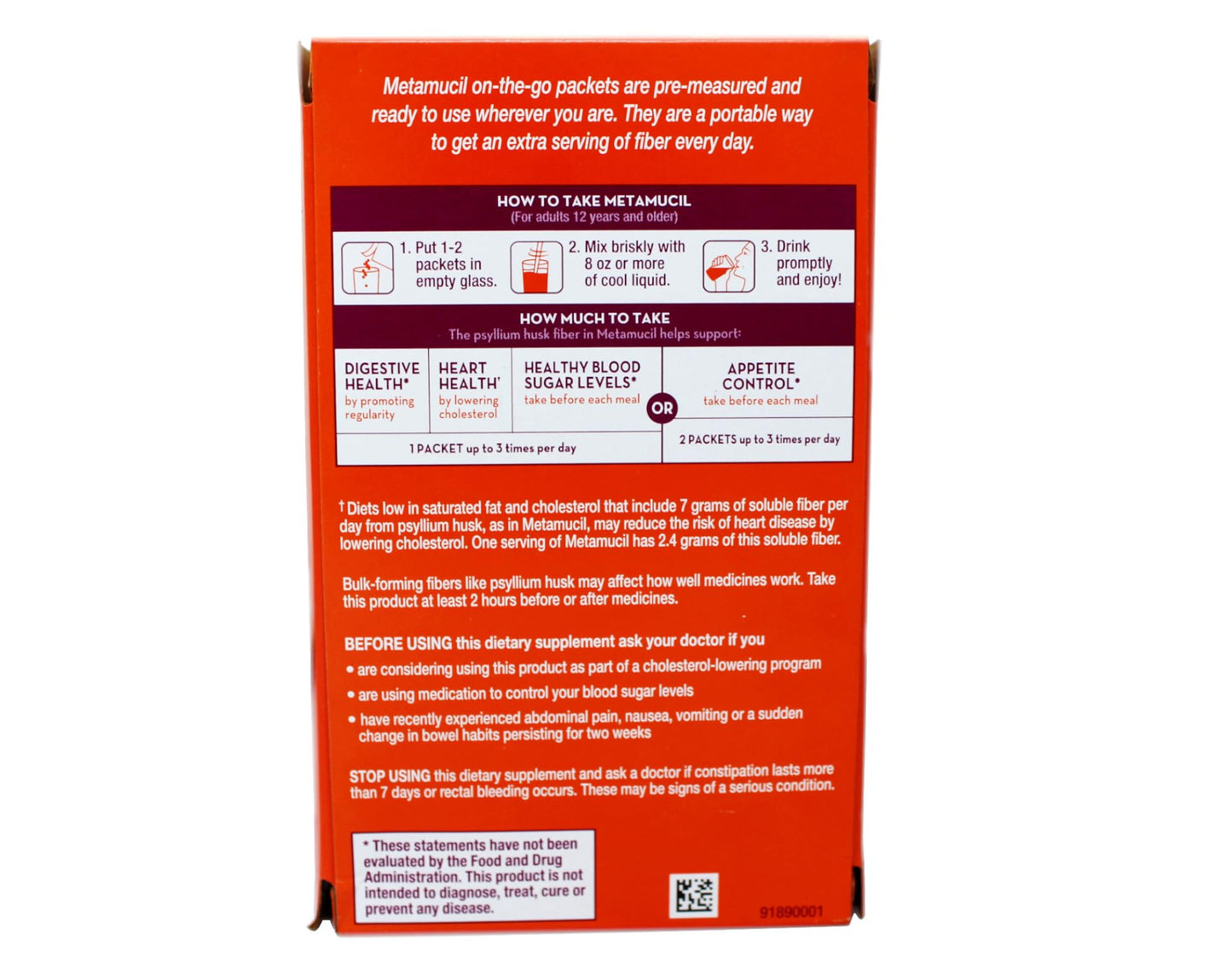 Metamucil On-the-Go Psyllium Husk Powder, Orange Flavor, 30 Count