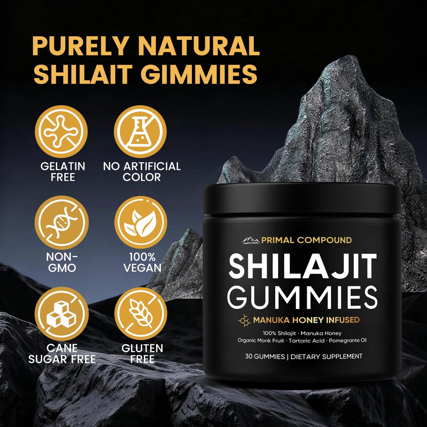 TOGOLIUN Primal Compound Shilajit Gummies for Men with Manuka Honey, Organic Monk Fruit & Fulvic Acid, 30 Gummies