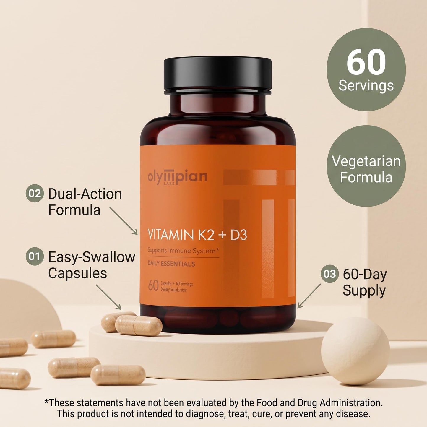 Olympian Labs Vitamin K2 + D3 Capsules, 60 Count