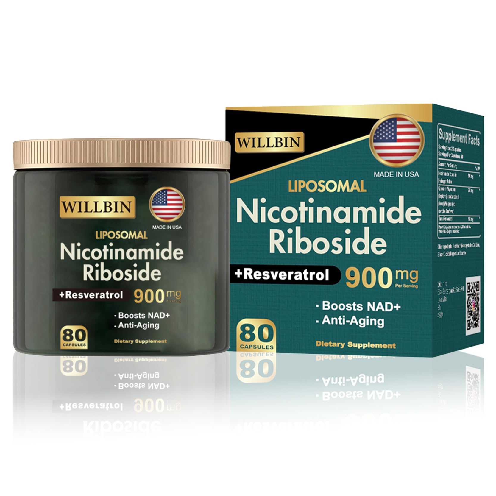 Willbin Liposomal NAD+ Supplement, 900mg Nicotinamide Riboside with Resveratrol, Anti-Aging Energy & Focus Support for Women & Men, 80 Capsules