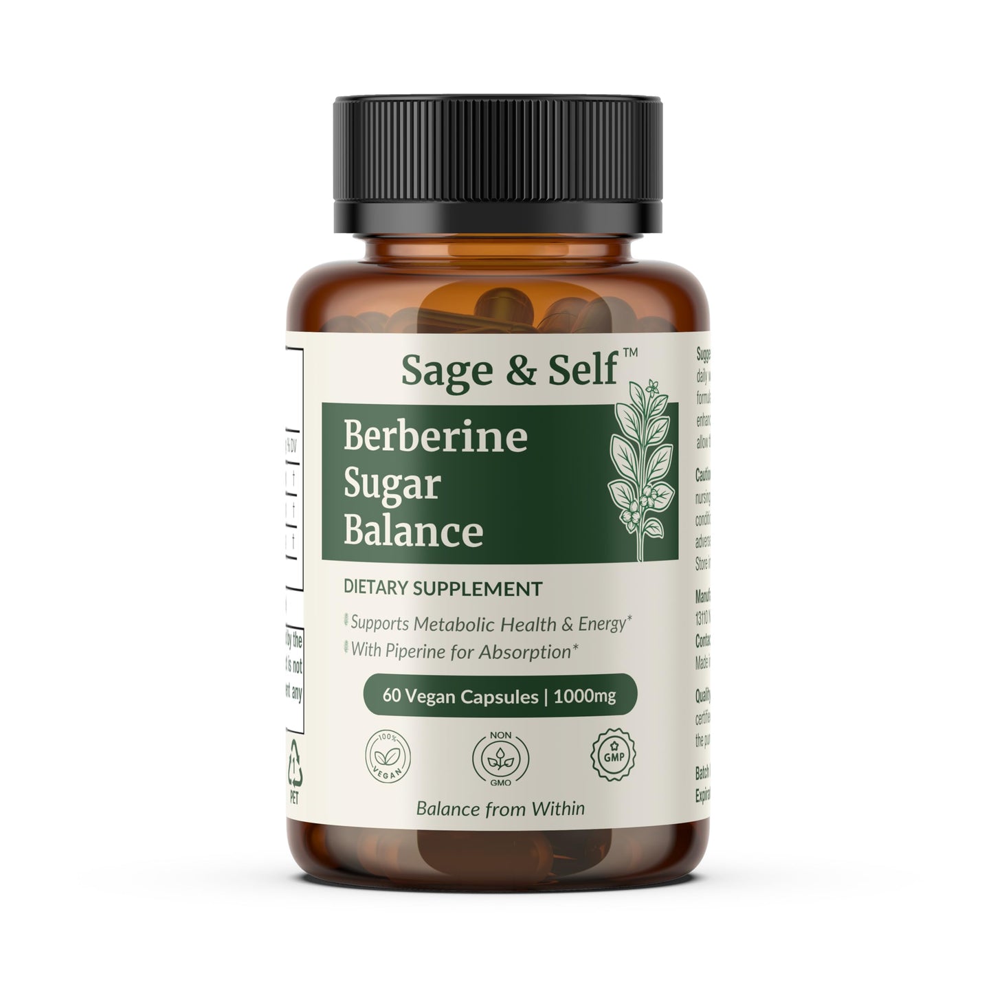 Sage & Self Berberine HCl with Ceylon Cinnamon & Black Pepper Extract – 1000 mg Formula Per Serving – Vegan Dietary Supplement – 60 Capsules