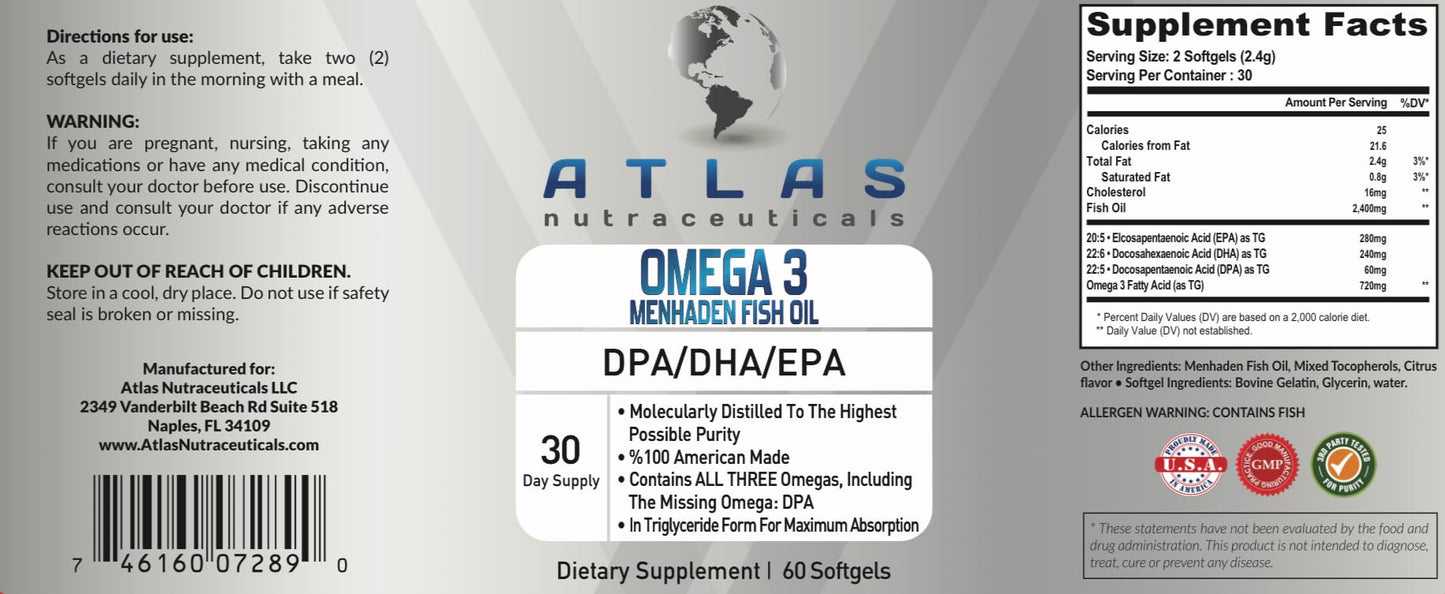 Atlas Nutraceuticals Menhaden Fish Oil Omega-3 Softgels 60 Count