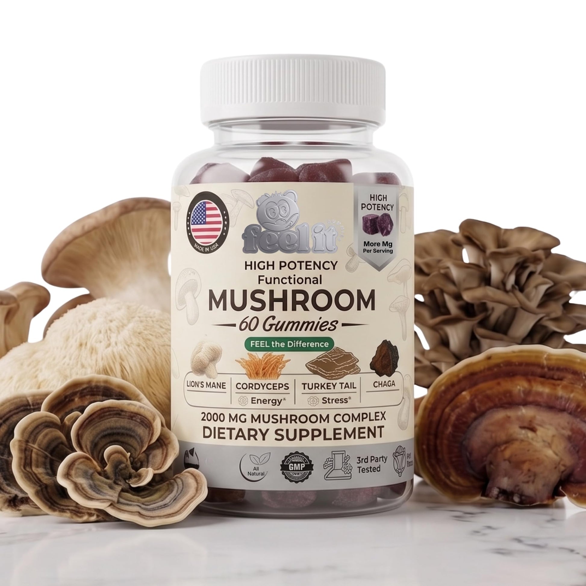 Feel It Gummies Premium Mushroom Blend with Lion's Mane, Cordyceps & Chaga - High Potency Nootropic Focus, Immune Support & Energy, Fruiting Body Extract, 60 Gummies