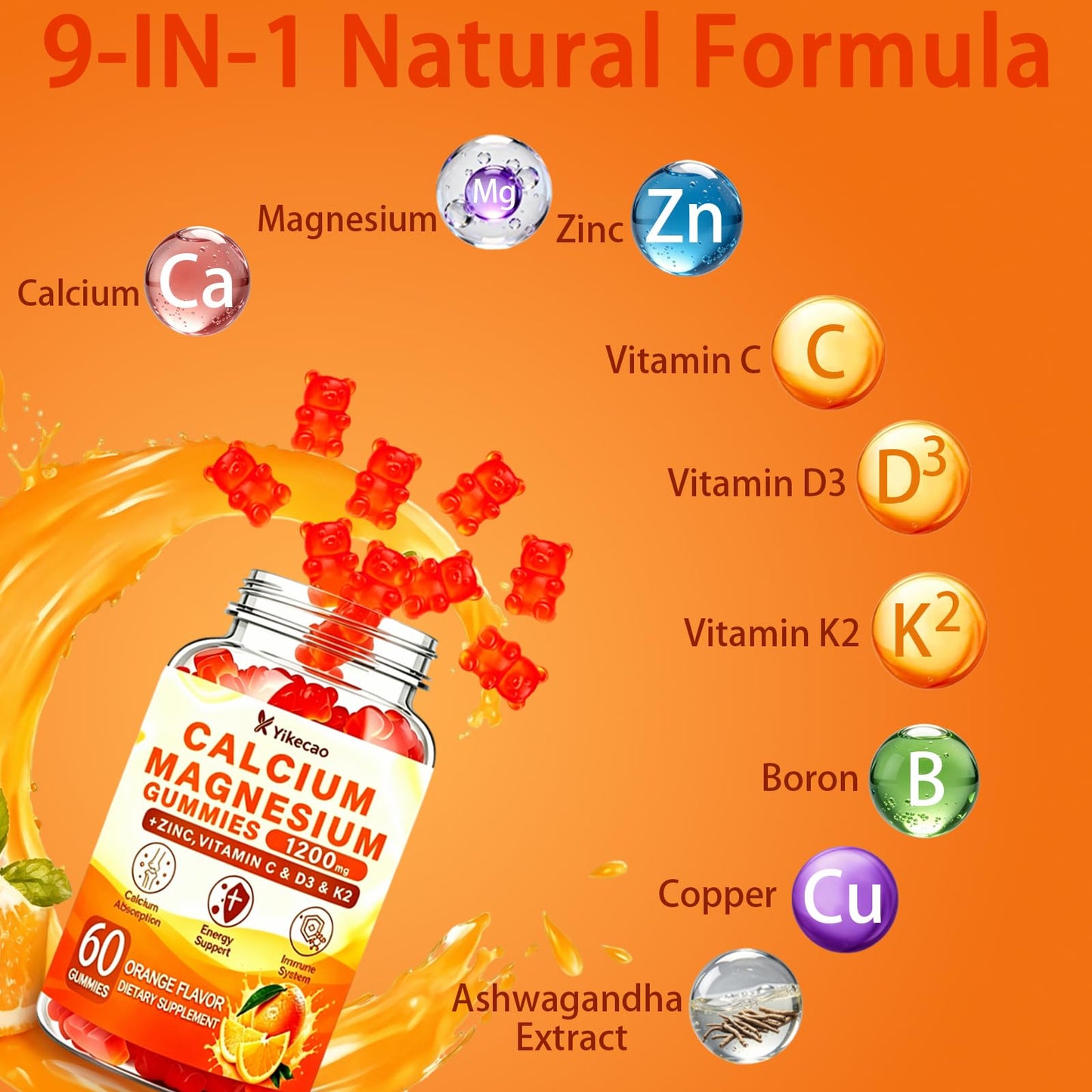 Yikecao Calcium Magnesium Zinc Gummies with Vitamin D3 K2, 60 Gummies