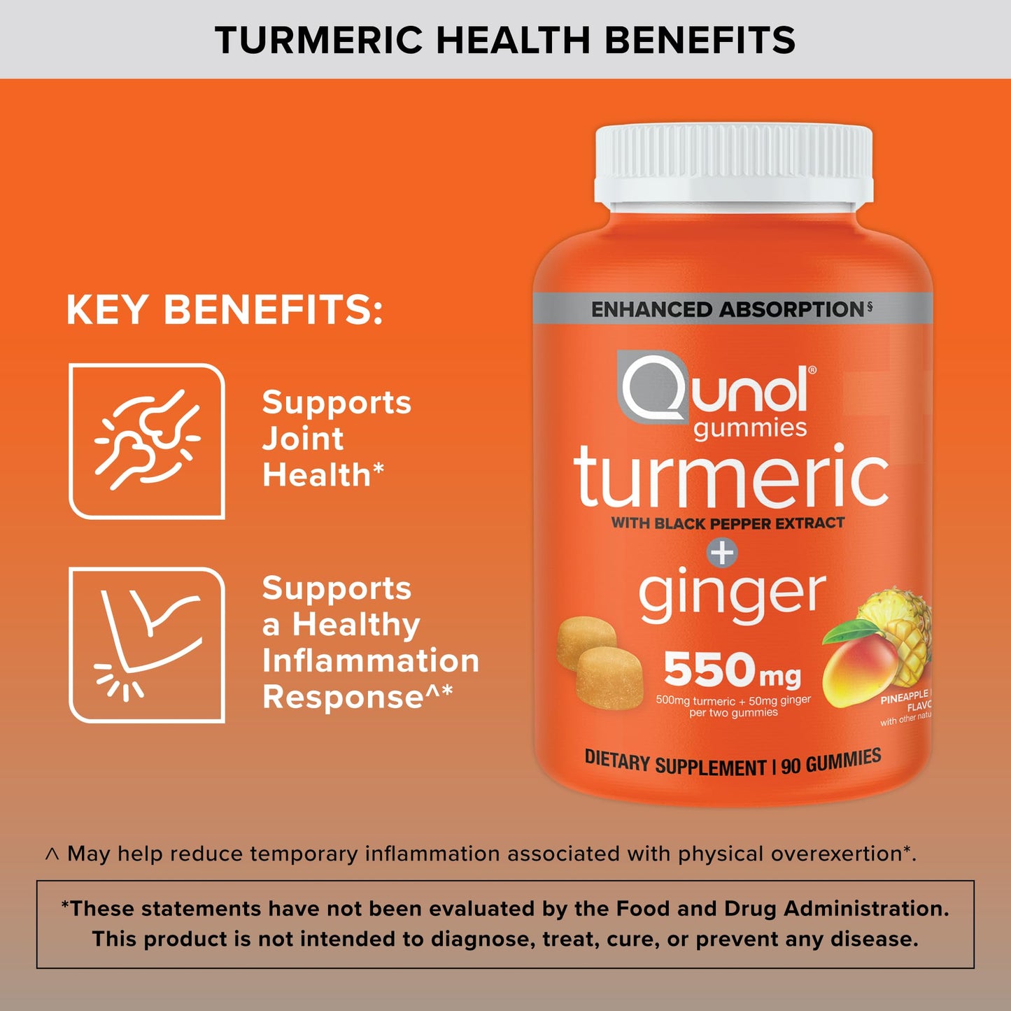 Qunol Turmeric and Ginger with Black Pepper Gummies, Turmeric Curcumin Supplement, Joint Health Support, 90 Count