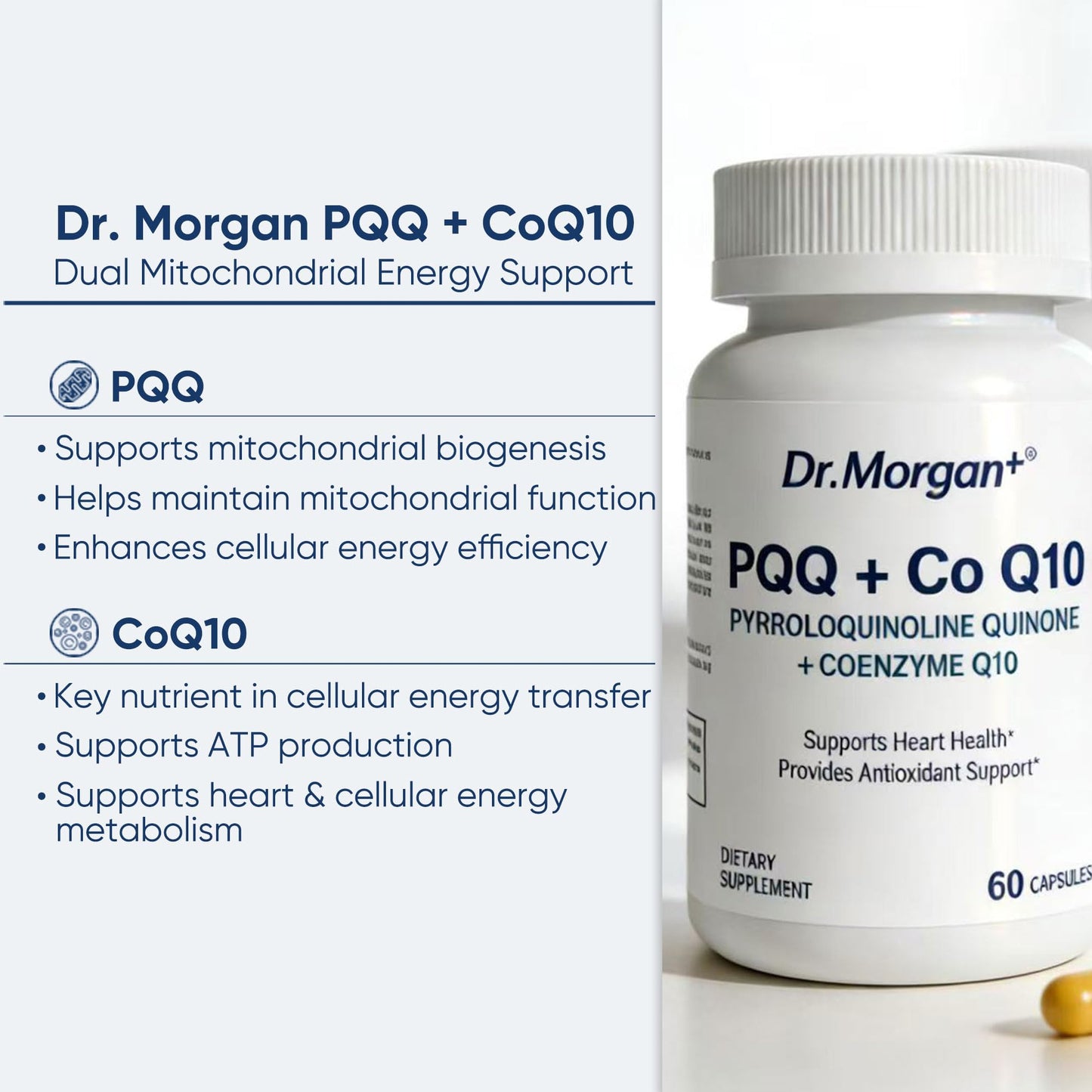 DR.MORGAN PQQ 25mg & CoQ10 100mg Mitochondrial Energy & Cellular Vitality Cognitive Antioxidant Formula Capsules, 60 Count