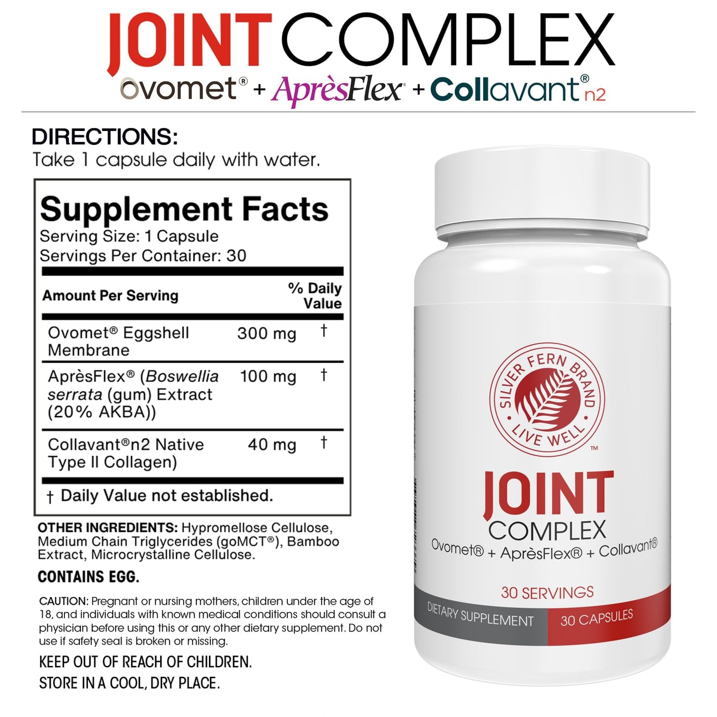 Silver Fern Joint Complex Daily Joint Support with AprèsFlex Boswellia, Ovomet Eggshell Membrane & Type II Collagen 1 Capsule