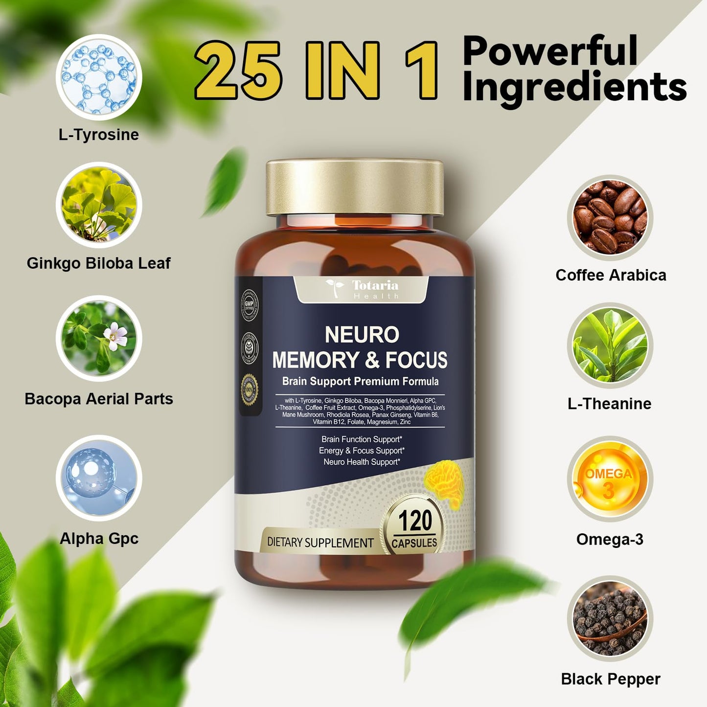 Totaria 25 in 1 Brain Supplements for Memory and Focus & Neuro Health Daily Brain Nootropic Cognitive Supplement with L-Tyrosine, Bacopa Monnieri, Ginkgo Biloba, Alpha GPC, 120 Capsules