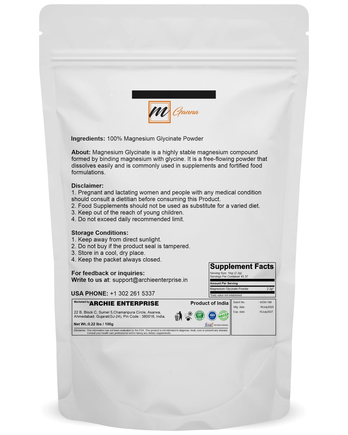 mGanna Magnesium Glycinate Chelated Powder 3.52 Ounce