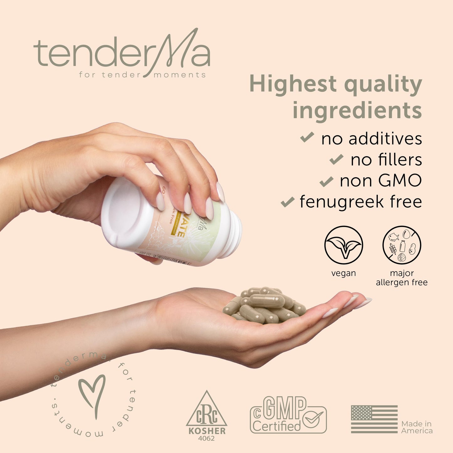 tenderMa Lactation Supplement Elevate Fenugreek-Free with Organic Goat’s Rue and Lion’s Mane, Blessed Thistle & Brewer’s Yeast, Vegan, Non-GMO, Herbal Breastfeeding Support, 60 Capsules