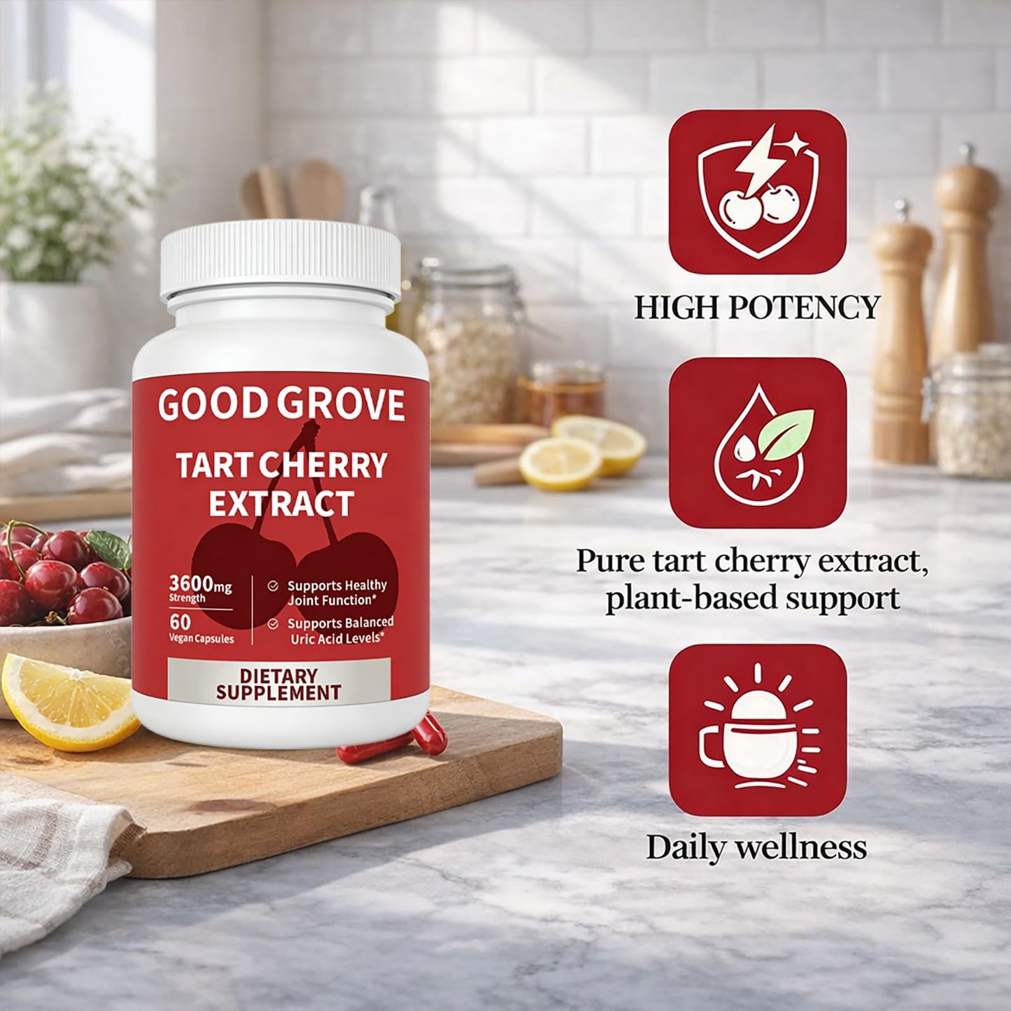 GOOD GROVE Tart Cherry Extract Capsules, Cold Pressed 10:1 Extract, 60 Capsules