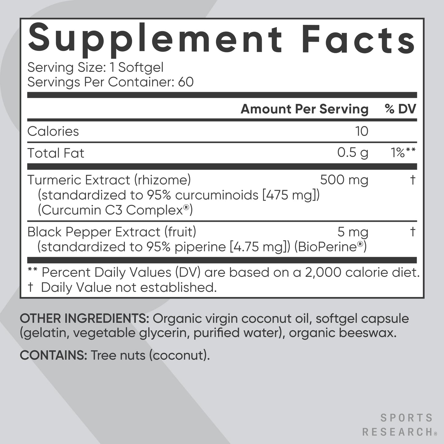 Sports Research Turmeric Curcumin C3 Complex with BioPerine Black Pepper Extract & Organic Coconut Oil - Standardized 95% Curcuminoids Softgels, 60 Count