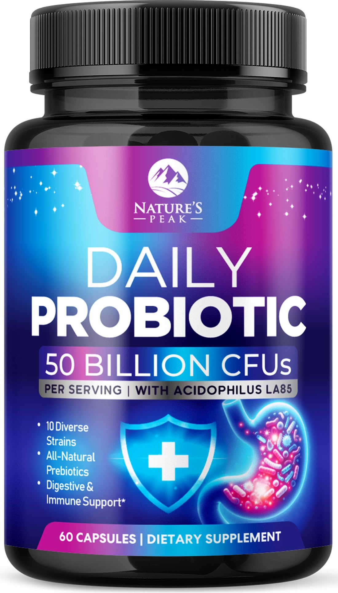 Nature's Peak Probiotics 50 Billion CFU Per Capsule, 10 Premium Strains + Digestive Enzymes & Prebiotics, Supports Immune & Gut Health, 60 Capsules