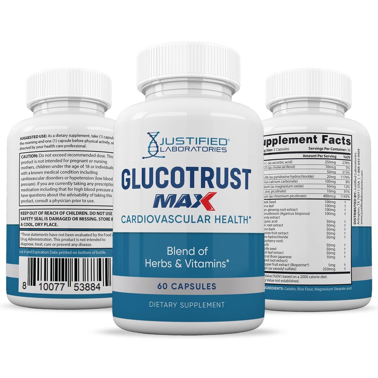 Justified Laboratories Glucotrust Max 1295MG Formula 300 Capsules