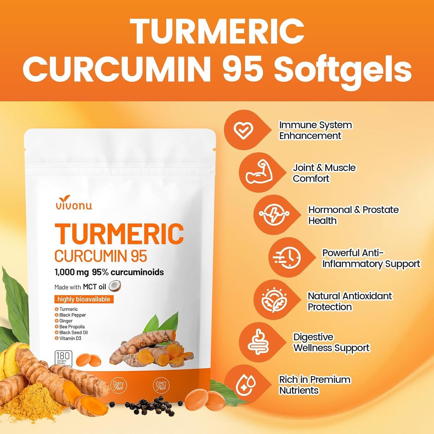 VivoNu 10-in-1 Turmeric Supplement Softgels 180 Count