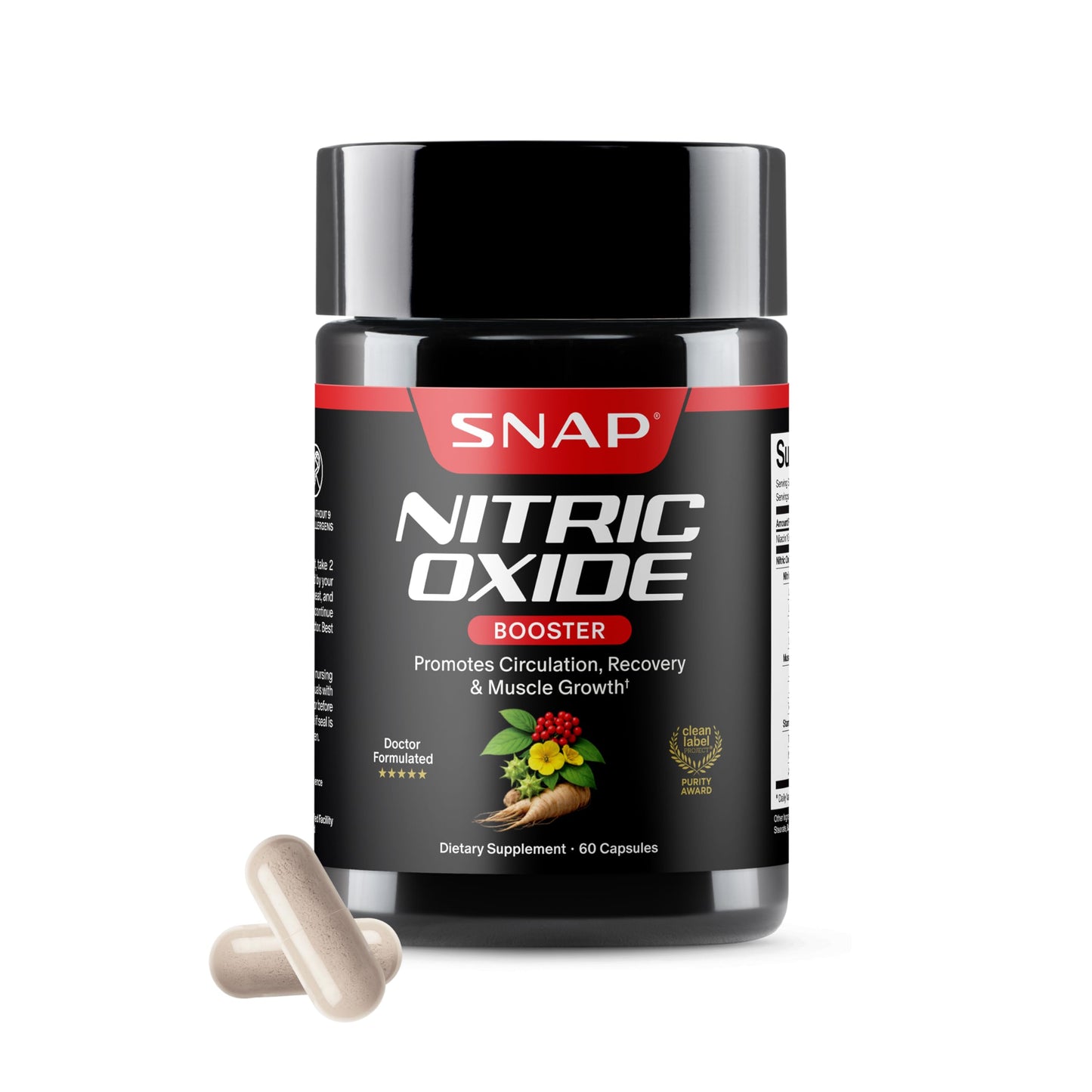 Snap Supplements Nitric Oxide Booster for Men & Women, L-Citrulline + 3 Forms of L-Arginine for Stamina, Endurance, Circulation, & Energy Support, Caffeine-Free Pre-Workout Alternative, 60 Capsules