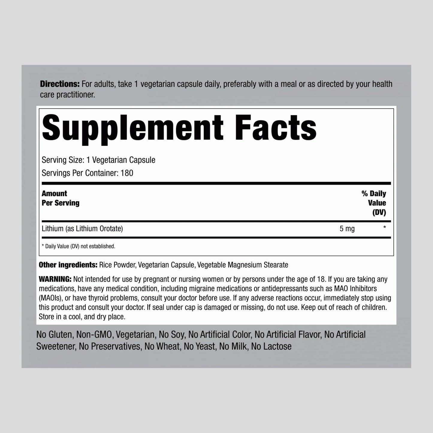 Piping Rock Lithium Orotate Supplement 5mg Capsule, 180 Count