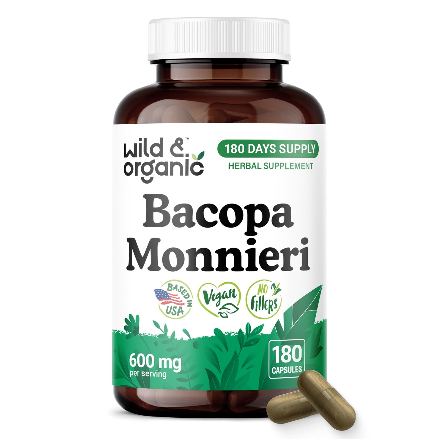 Wild & Organic Bacopa Monnieri 600 mg Capsules, 180 Count