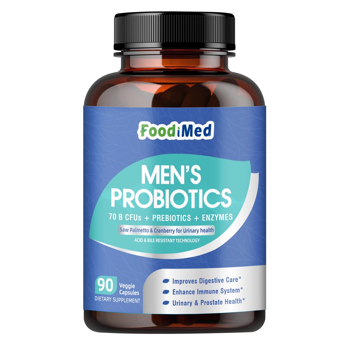 FoodiMed Probiotics for Men Digestive Health with 70 Billion CFUs, Enzymes, Prebiotics & Saw Palmetto Capsule, 90 Count